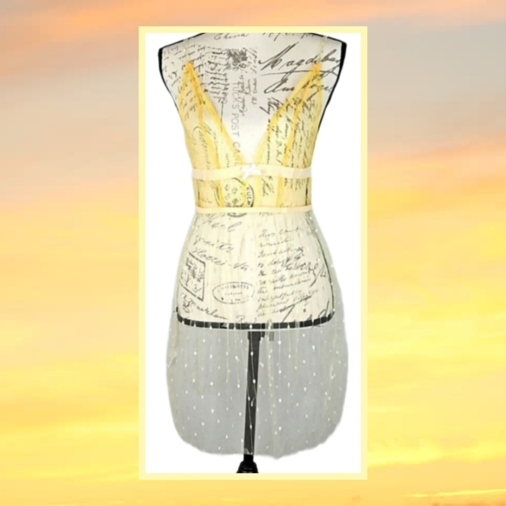 Lemon Lace Sheer Polka Dot Chemise Lingerie in Pastel Yellow, Size M